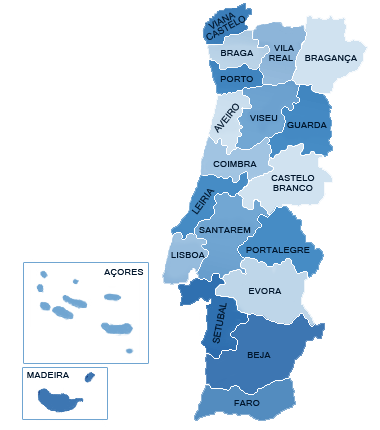 Mapa da distribuição da população brasileira em Portugal por distritos